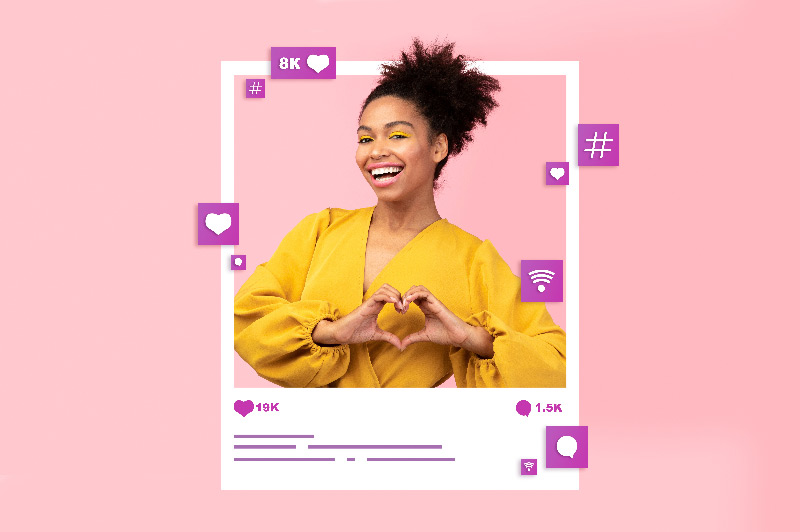 Collage mit einer jungen Frau, die im Fotorahmen eine Herzgeste macht und in den sozialen Medien auf rosa Hintergrund um Likes bittet