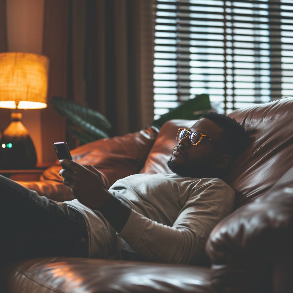 un hombre habla por el móvil mientras duerme en el sofá