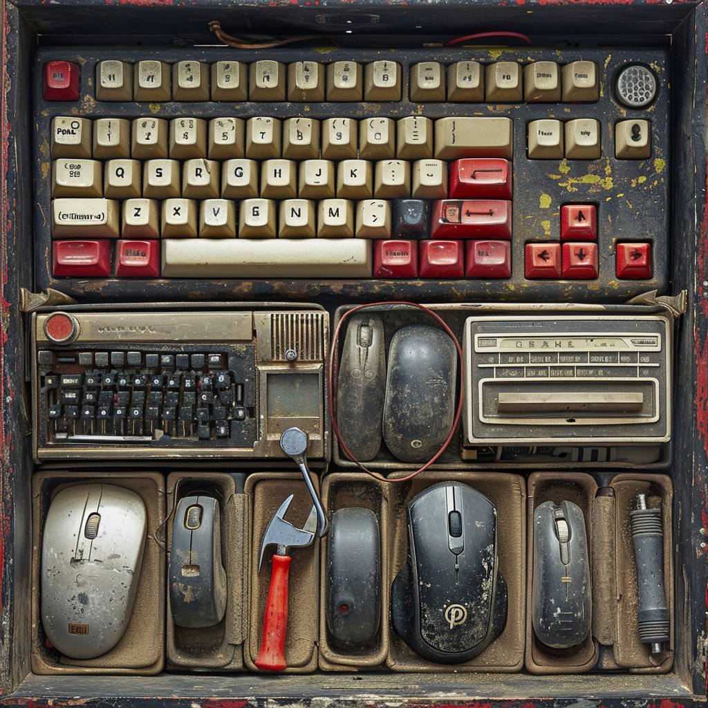 una caja de herramientas con ratones y teclados de ordenador