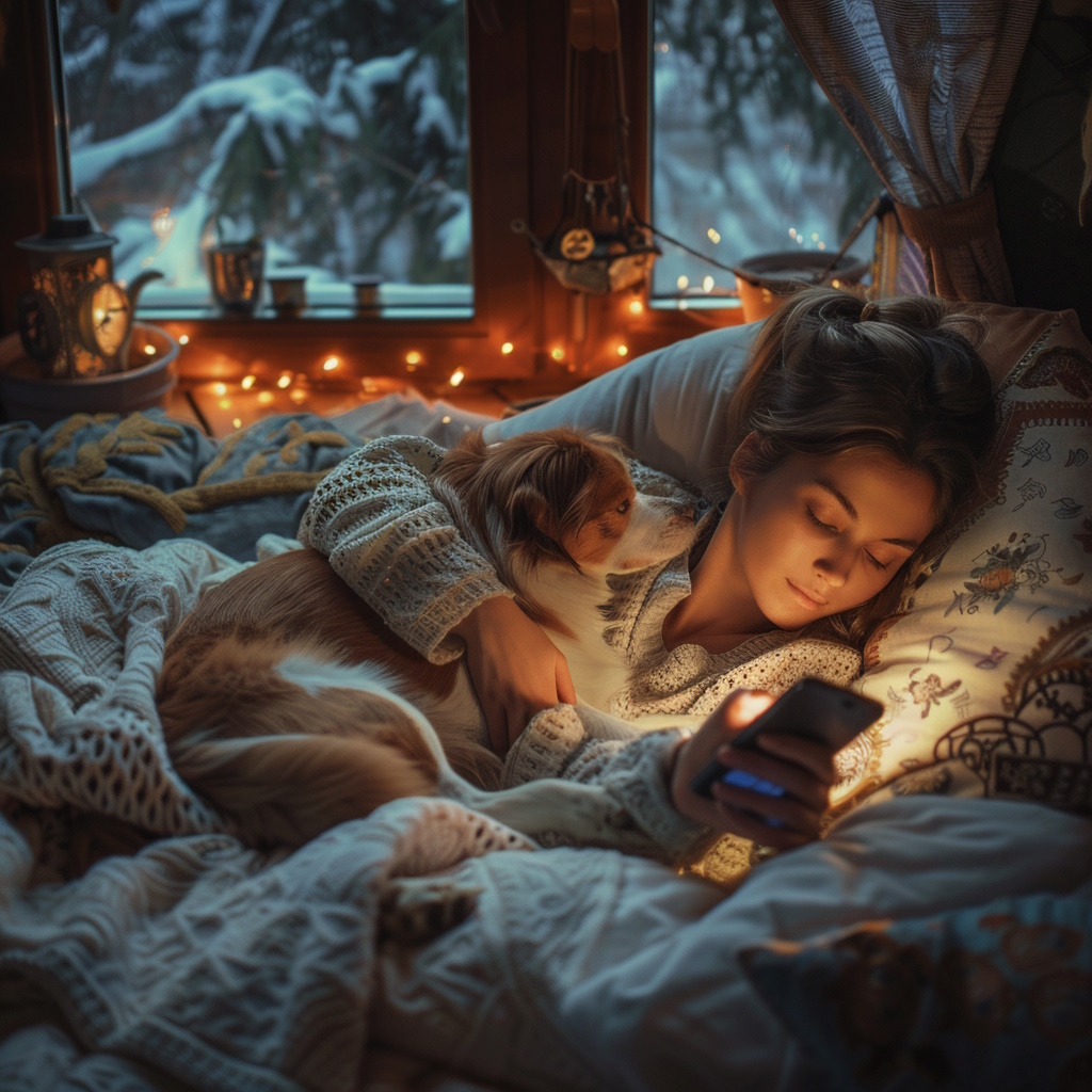 Mujer en su cama con un perro y leyendo algo en su smartphone