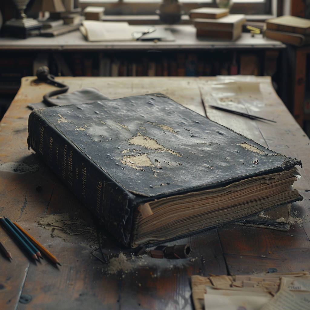 un viejo libro sobre una mesa que contiene una ficha de cliente