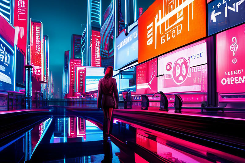 Eine Person ist in einer futuristischen Stadt mit vielen Werbeflächen unterwegs