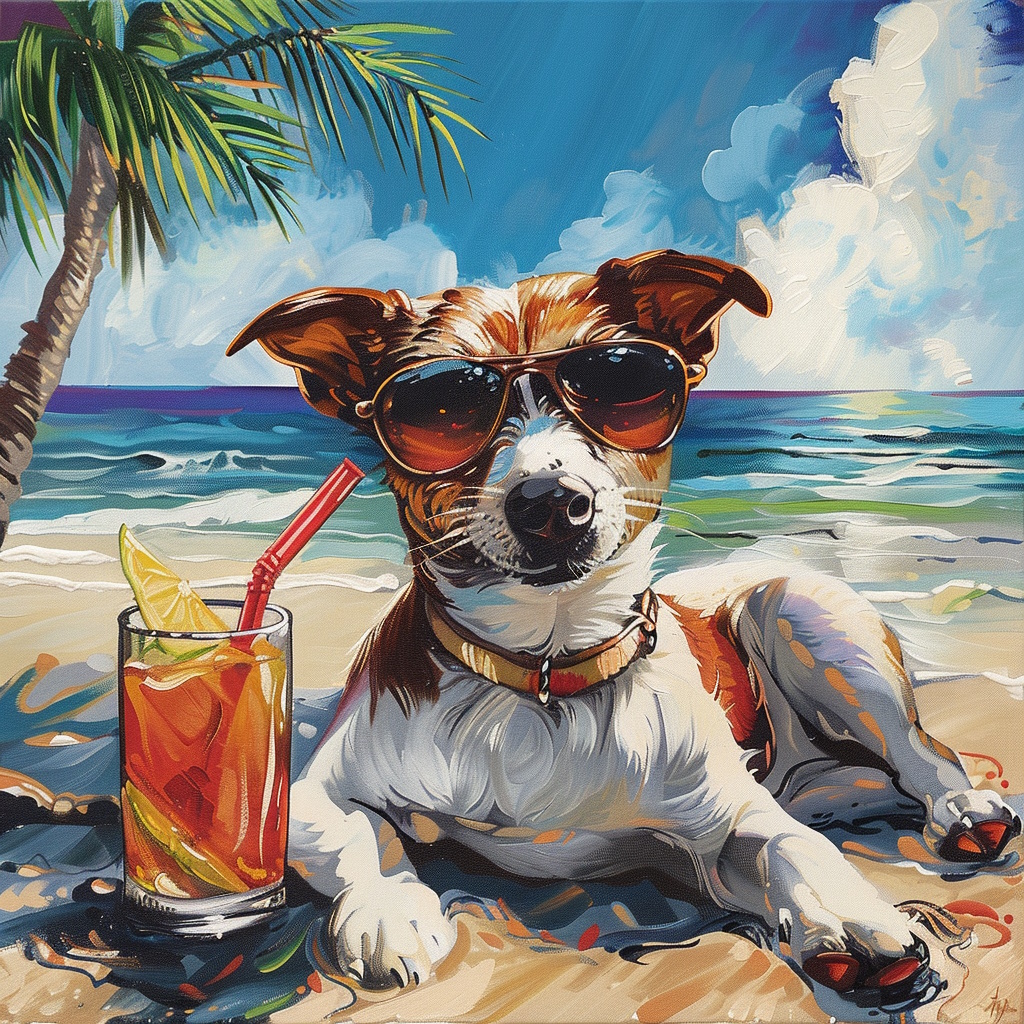 Perro descansando en la playa con un cóctel y gafas de sol