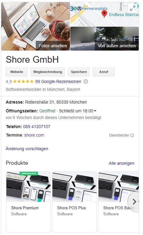 Das Google Unternehmensprofil der Shore GmbH mit Adresse, Öffnungszeiten, Kontaktdaten und Produkten. 