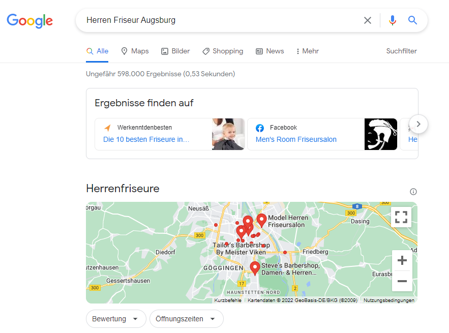 Google zeigt bei der Suche nach "Herren Friseur Augsburg" sofort einen Ausschnitt aus Google Maps an. 