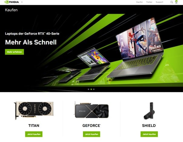 Die Website von Nvidia mit dem giftigen Grün