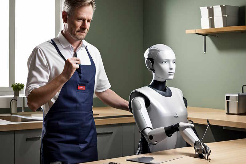 Ein Roboter als Assistenz für einen Mann in seiner Werkstatt