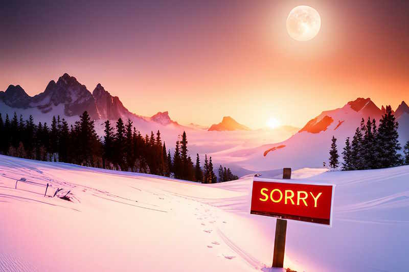 Ein rotes Schild auf einer verschneiten Piste, auf dem "Sorry" steht