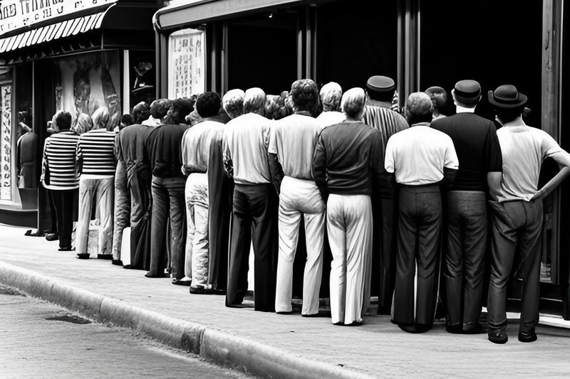 Ein Haufen Menschen wartet vor einem Geschäft - die Verkörperung von Kundenzufriedenheit! 