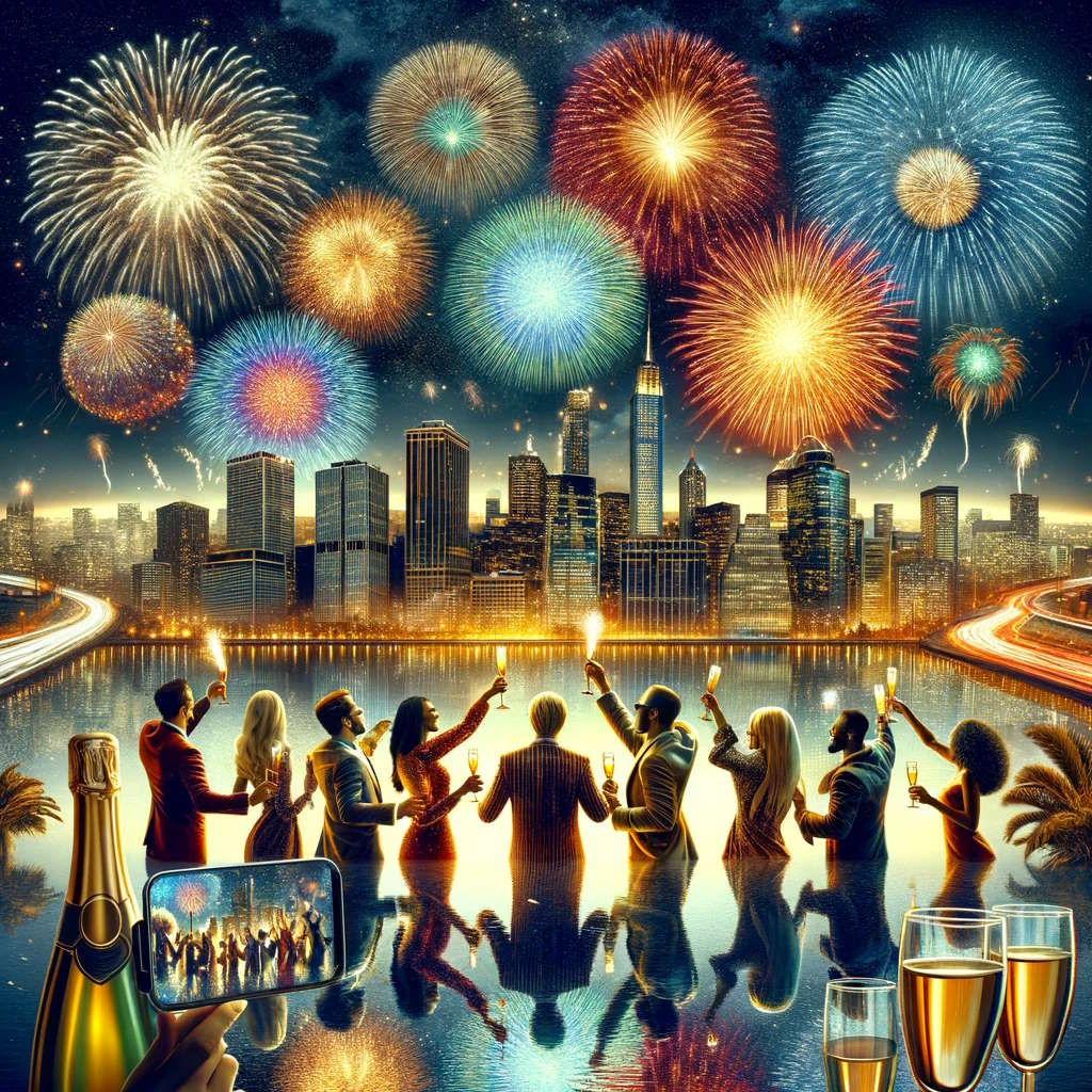 Menschen feiern Silvester mit Feuerwerk