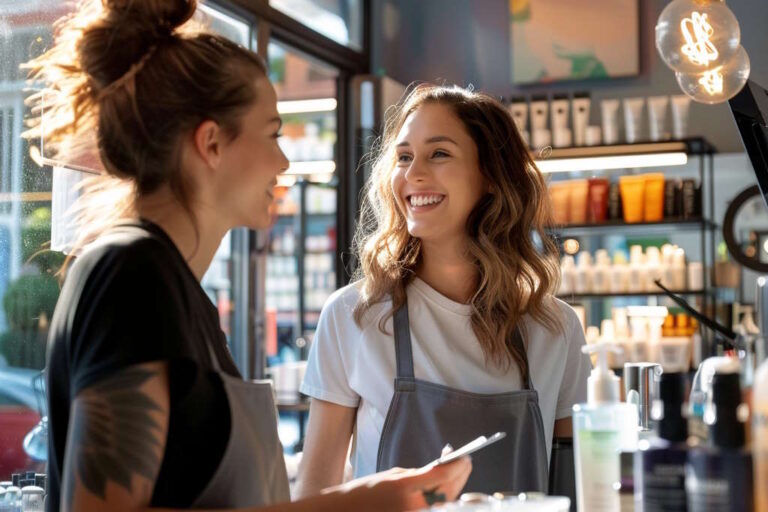 Friseurinnen besprechen ihre Provisionen in einem Friseursalon