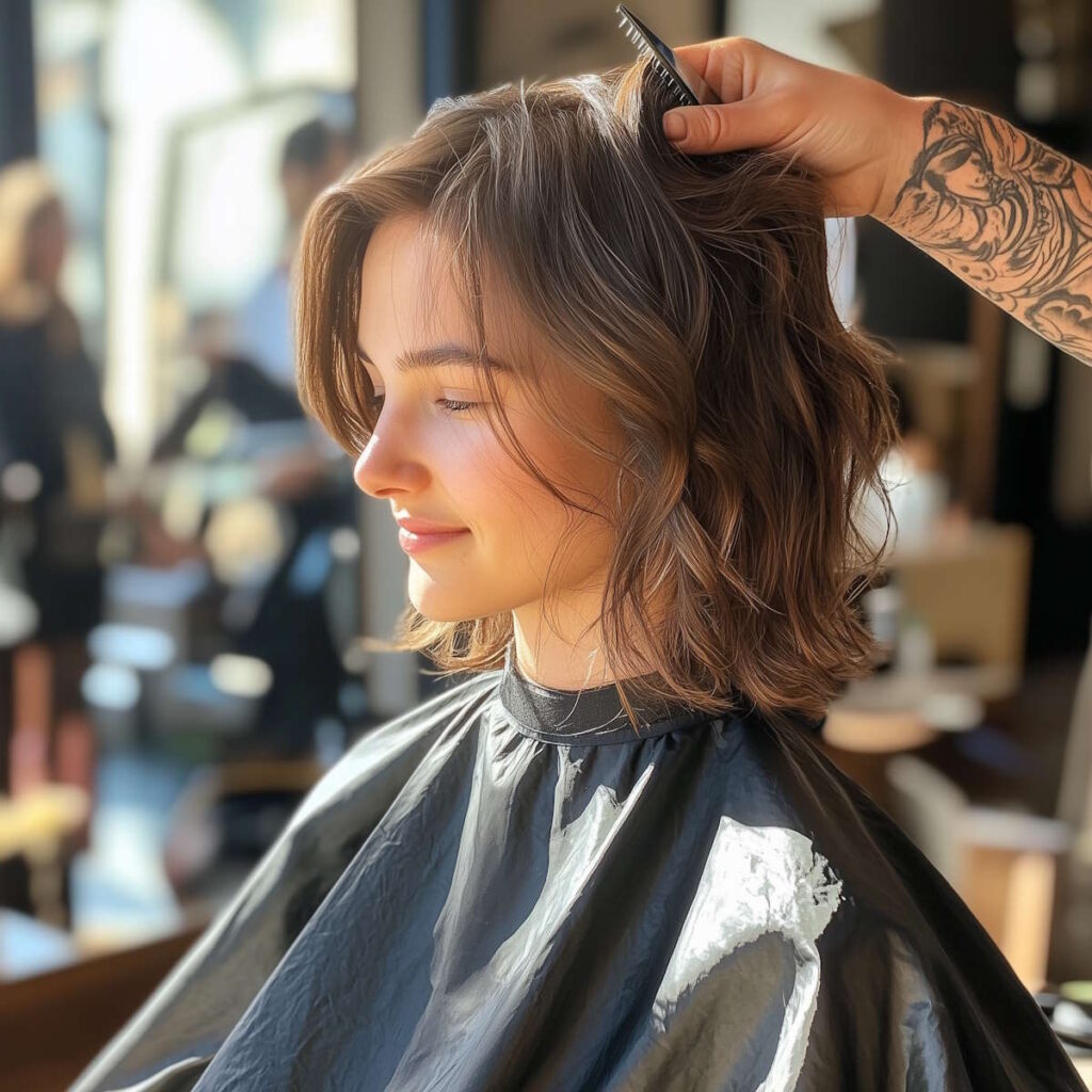 Eine Frau bekommt beim Friseur eine neue Friseur geschnitten